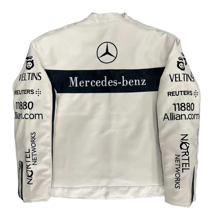 White Mercedes-Benz Leather Racing Jacket – F1 Style
