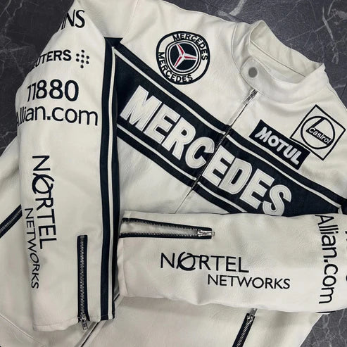 White Mercedes-Benz Leather Racing Jacket – F1 Style
