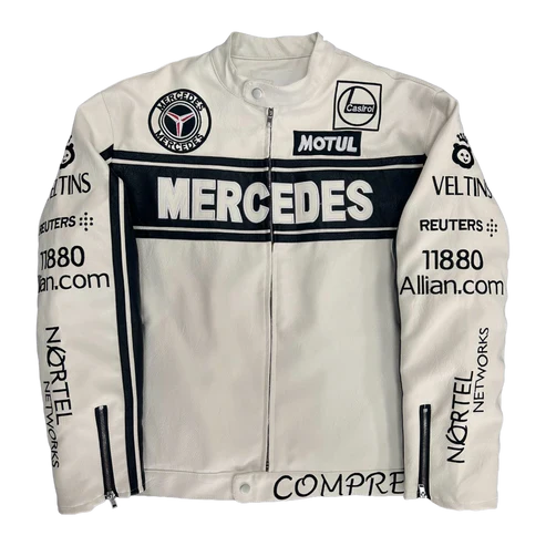 White Mercedes-Benz Leather Racing Jacket – F1 Style